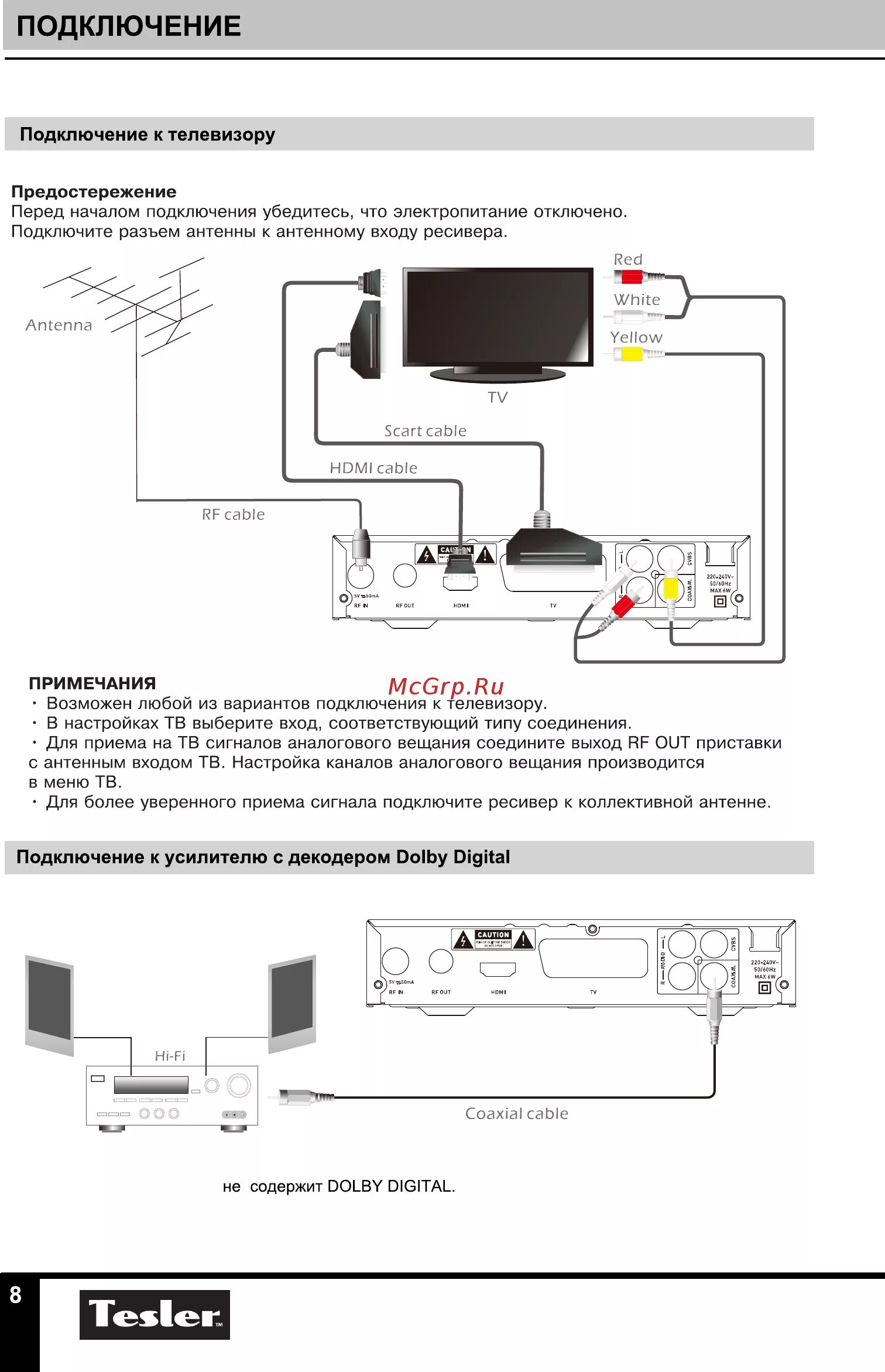 Подключение приставки мтс к телевизору и настроить Tesler dsr-10 (dvb-t/t2) 8/24 Подключение к телевизору