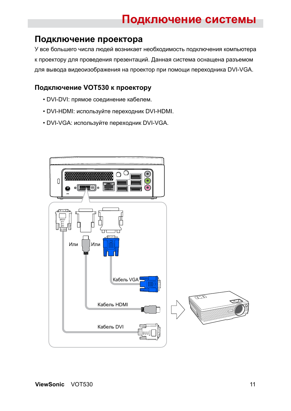 Подключение проектора к компьютеру через hdmi Подключение системы, Подключение проектора, Подключение vot530 к проектору Инстр