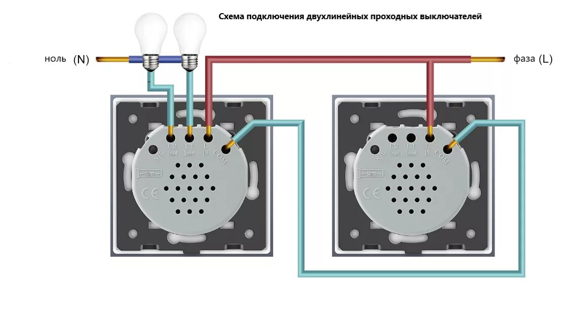 Подключение проходного сенсорного переключателя Механизм двухлинейного проходного сенсорного выключателя Livolo EC - Серия Умный