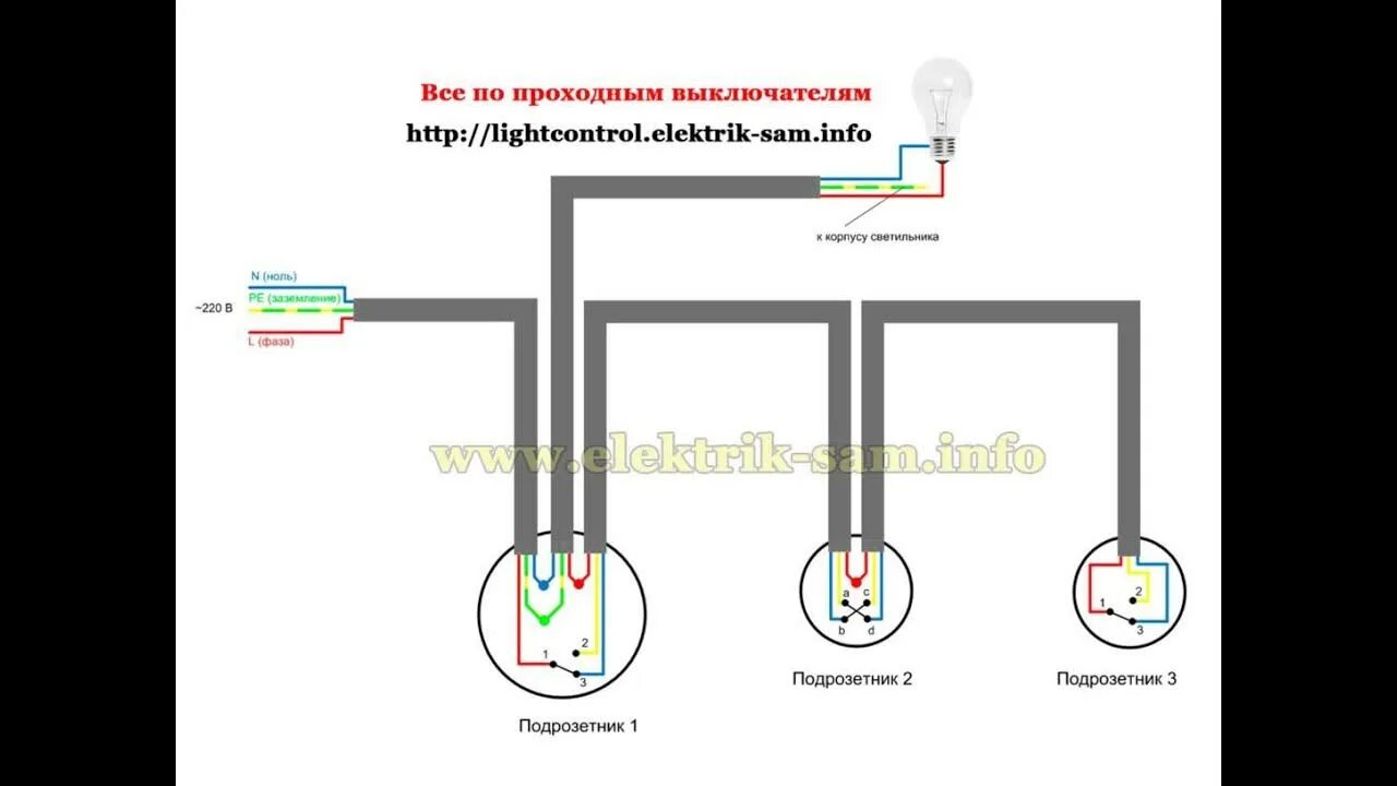 Подключение проходного светильника видео Проходные выключатели из 3-х мест без ответвительной коробки - схема - YouTube