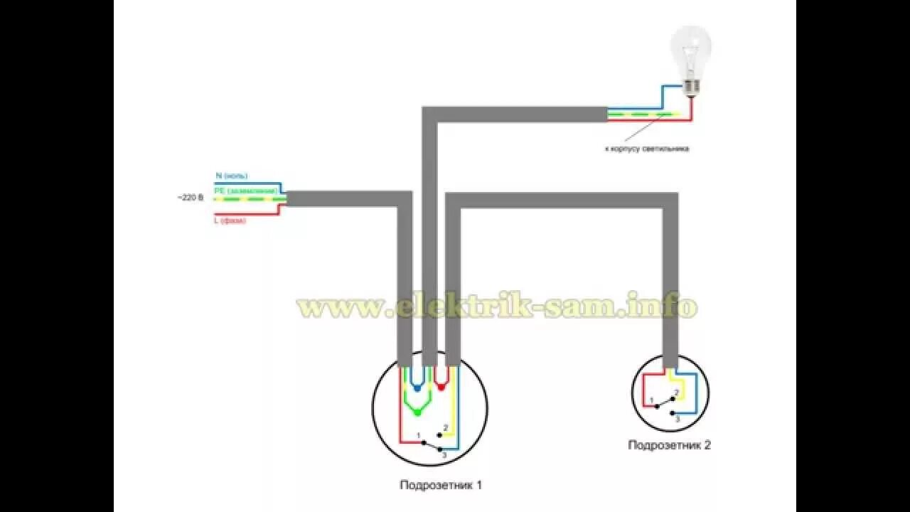 Подключение проходного выключателя без распределительной коробки Проходные выключатели - схема без ответвительной коробки - YouTube