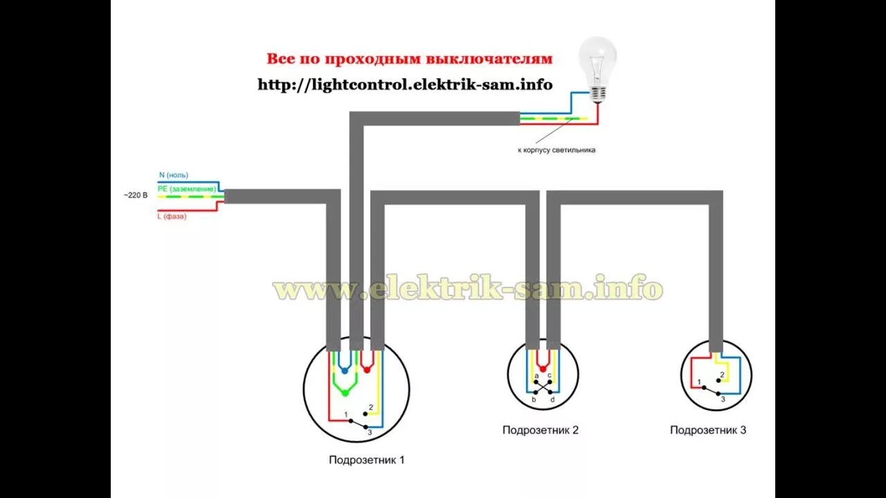 Подключение проходного выключателя в подрозетнике Проходные выключатели из 3-х мест без ответвительной коробки - схема - YouTube
