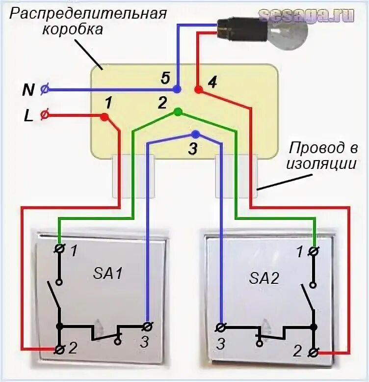 Подключение проходных выключателей без распаечной коробки Картинки ПРОХОДНОЙ ВЫКЛЮЧАТЕЛЬ РАСПРЕД КОРОБКИ