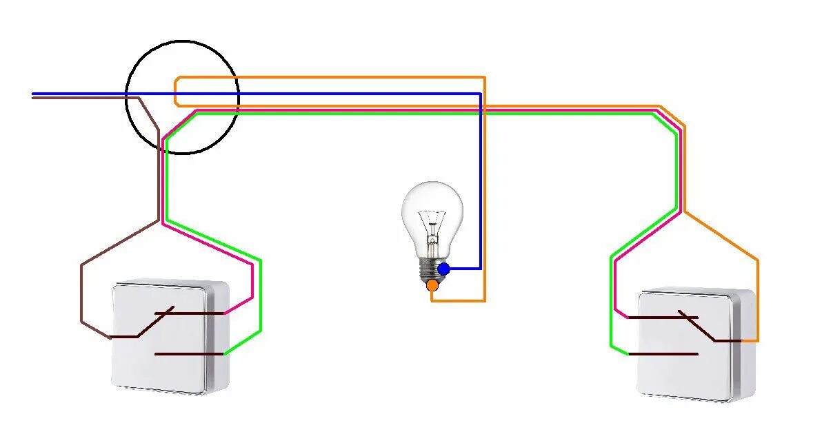 Подключение проходных выключателей на 1 лампочку Как управлять светом из двух, трёх мест и больше (схемы и фото) Лампа Электрика 
