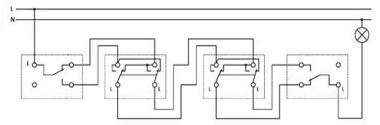 Подключение проходных выключателей с 4х мест Управлением освещения из нескольких мест