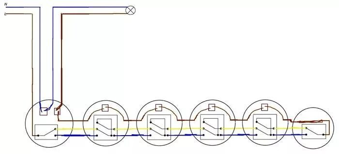Подключение проходных выключателей с 4х мест Схема подключения проходного выключателя с 2х мест