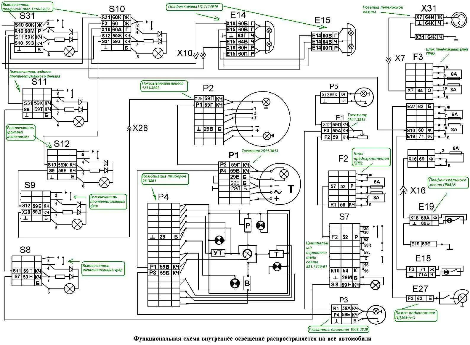 Подключение проводов на камазе Scheme of outdoor and indoor lighting KAMAZ