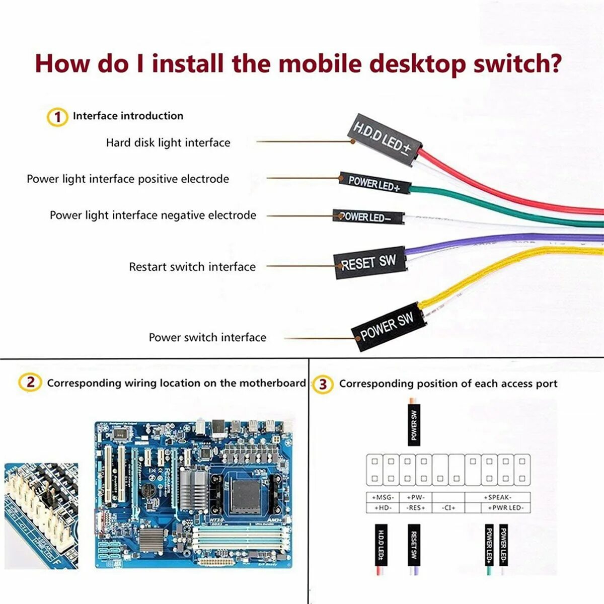 Подключение проводов power led 4 шт. компьютерный корпус ATX, кабель переключателя включения и выключения сброс