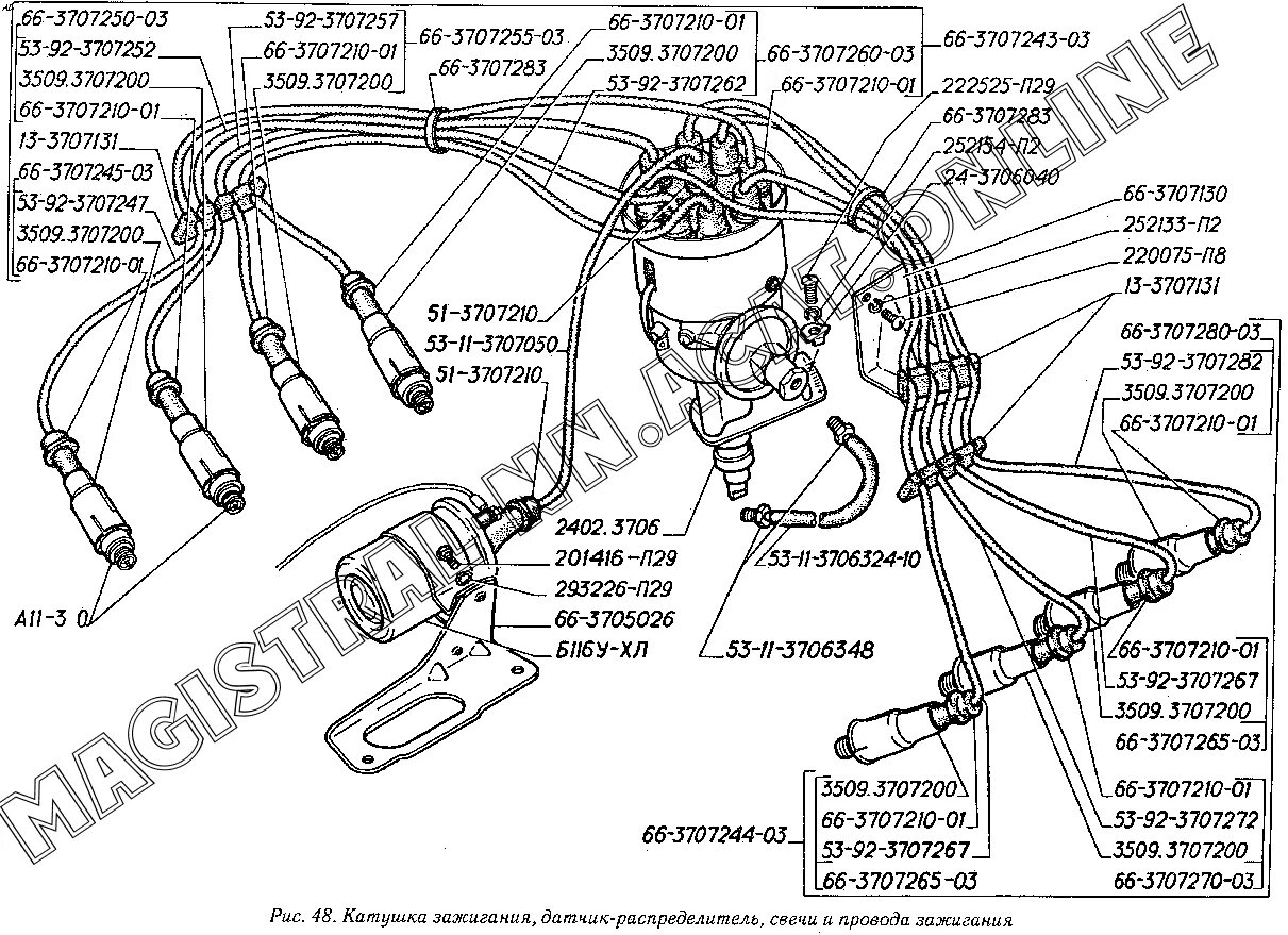 Подключение проводов зажигания газ 53 Катушка зажигания, датчик-распределитель, свечи и провода зажигания ГАЗ 3307