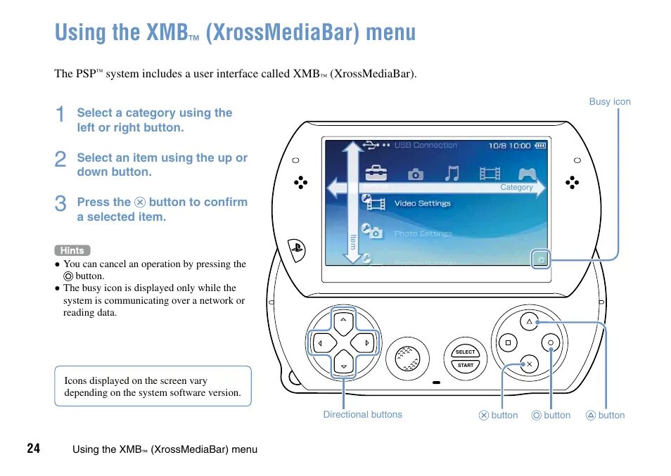 Подключение psp к компьютеру Basic operations, Using the xmb, Xrossmediabar) menu ----- 24 Инструкция по эксп