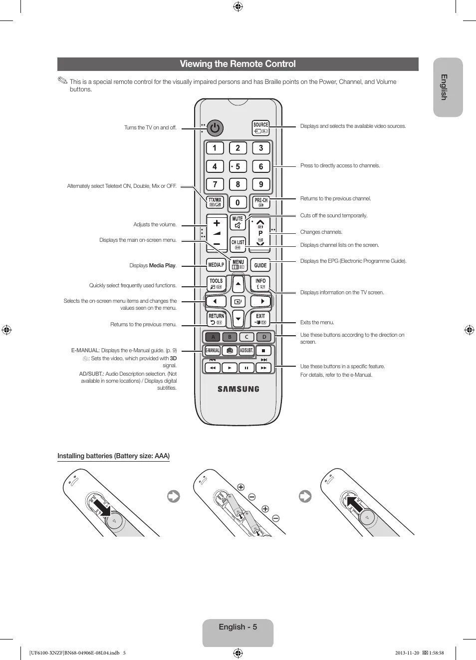 Подключение пульта к телевизору samsung Viewing the remote control Samsung UE40F6100AW User Manual Page 5 / 81