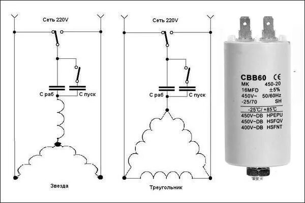 Подключение пусковой и рабочей обмотки через конденсатор Схема подключения, подбор и расчёт пускового конденсатора