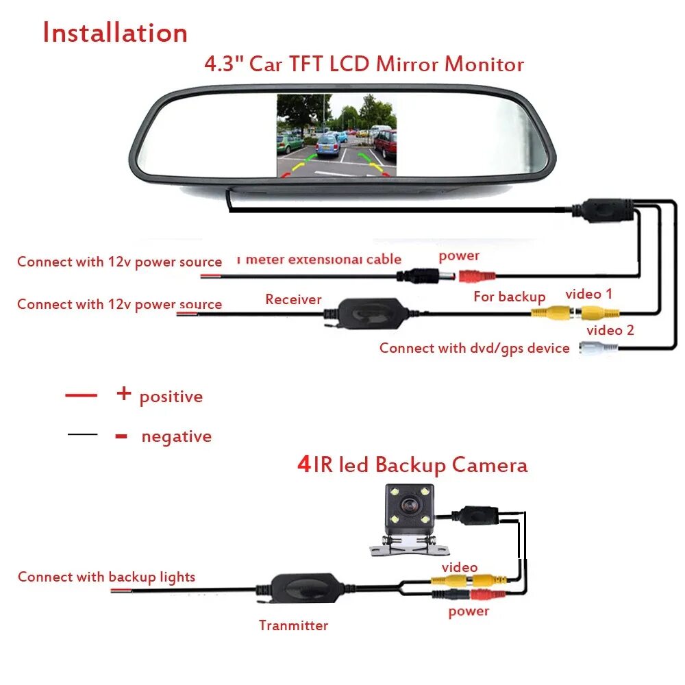 Подключение регистратора зеркала с камерой заднего хода Podofo 4," Беспроводное Автомобильное зеркало заднего вида монитор камера заднег
