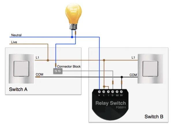 Подключение реле беспроводного выключателя 2 Way Relay Switch