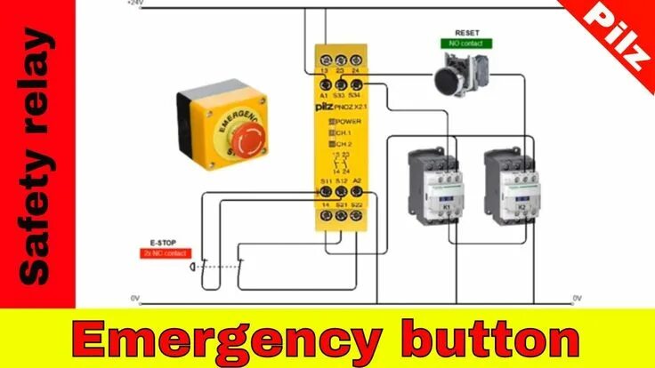 Подключение реле безопасности Wiring safety relay Pilz PNOZ and emergency stop button. Circuit diagram, Relay,