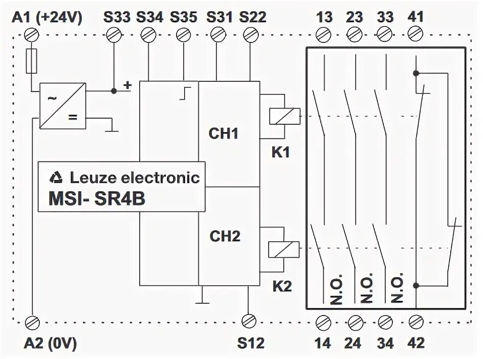 Подключение реле безопасности Drošības releji, moduļi MSI-SR4B-02 safety relay 24Vac/dc, 3 NO, 1 aux, Drošības