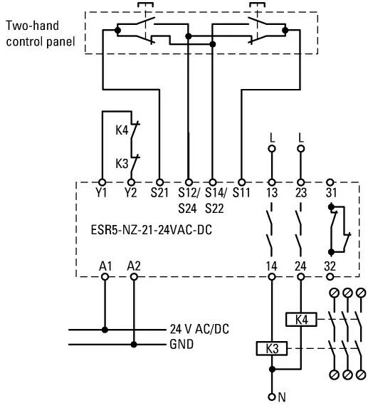 Подключение реле безопасности Купить ESR5-NZ-21-24VAC-DC, Eaton 118703 - Реле безопасности двухканальное, 24 V