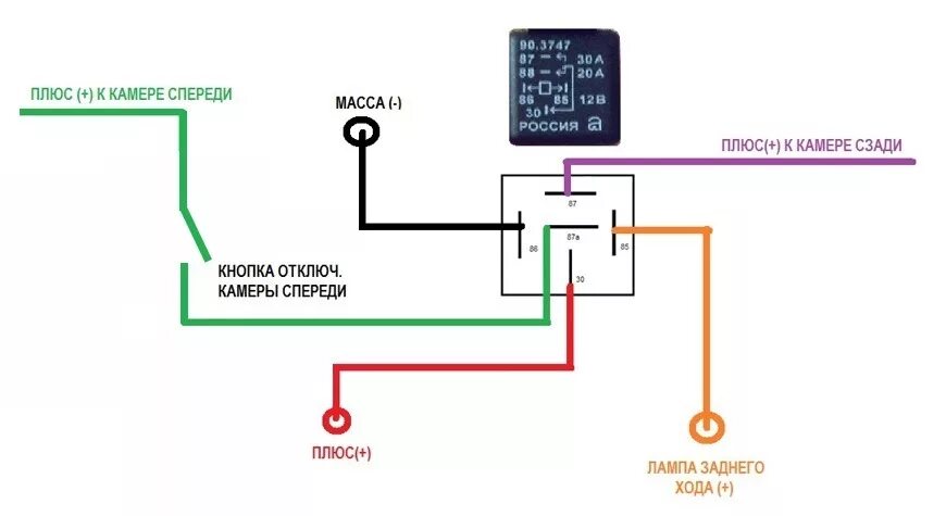 Подключение реле для задней камеры Запись № 90. Переключение между передней камерой и задней камерой обзора через р
