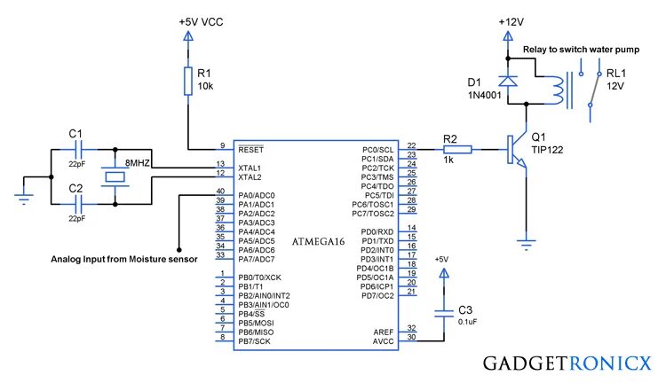 Подключение реле к микроконтроллеру Automatic plant watering system using AVR(Atmega16) Microcontroller - Gadgetroni