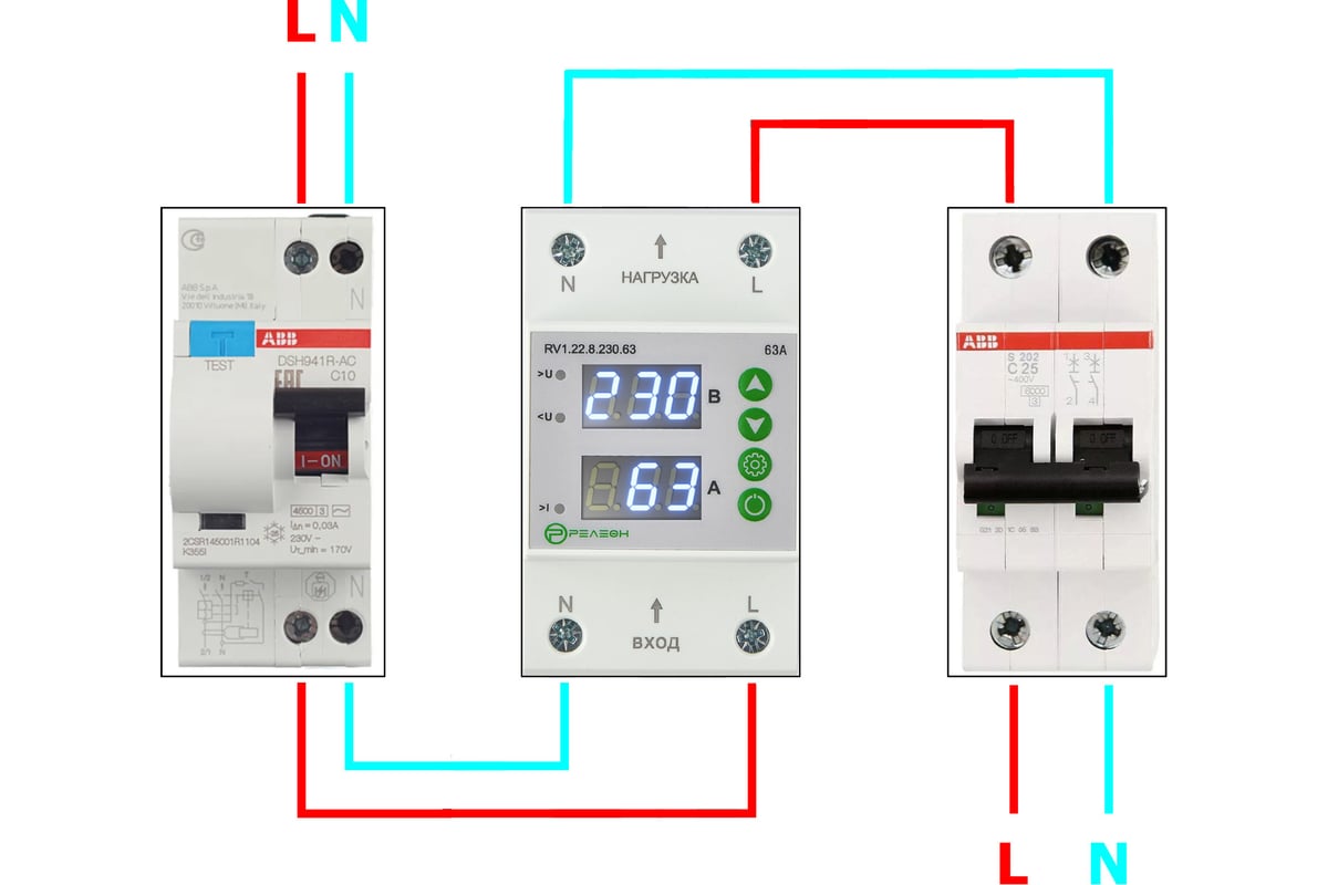Подключение реле контроля тока Реле контроля напряжения и тока РЕЛЕОН L+N; 230В AC; 63А, RV122823063 - выгодная