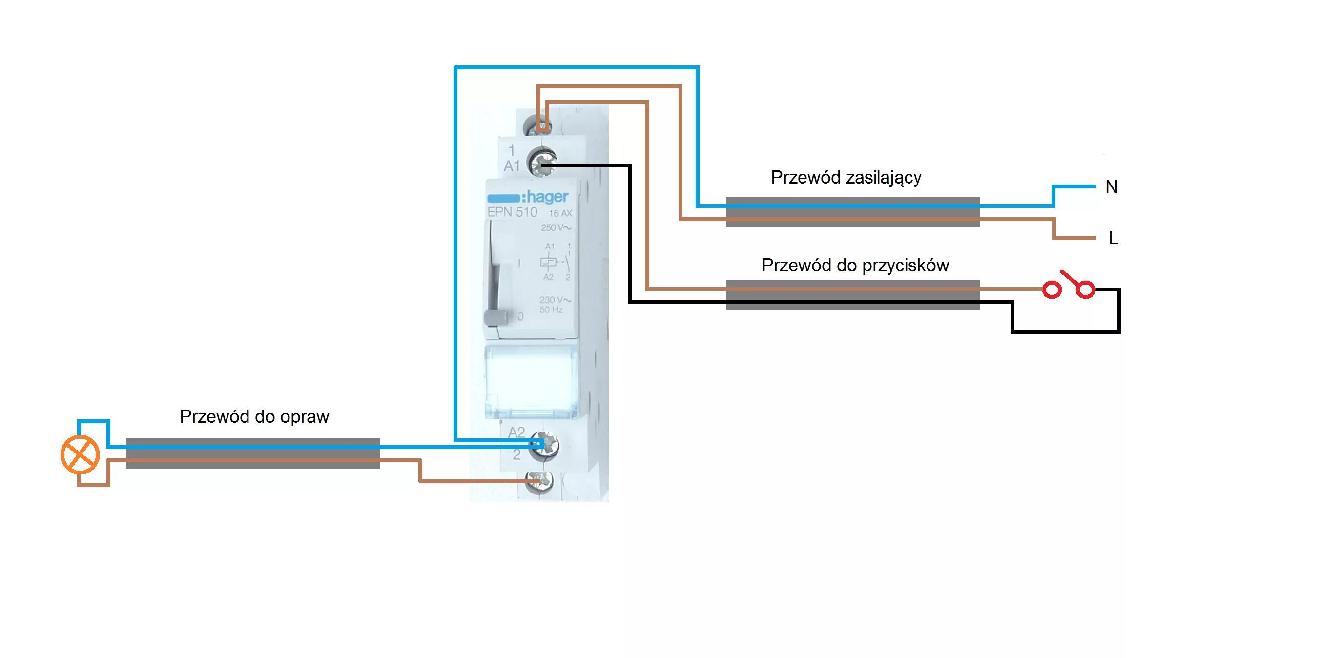 Подключение реле мастер выключателя Jak podłączyć bistabilny przekaźnik Hager EPN 510 do oświetlenia w rozdzielni?