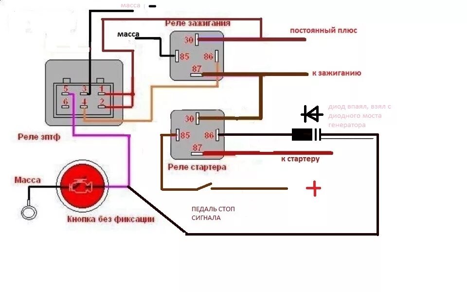 Подключение реле на замок зажигания Кнопка вместо замка зажигания через педаль тормоза - УАЗ 3303, 2,4 л, 1990 года 