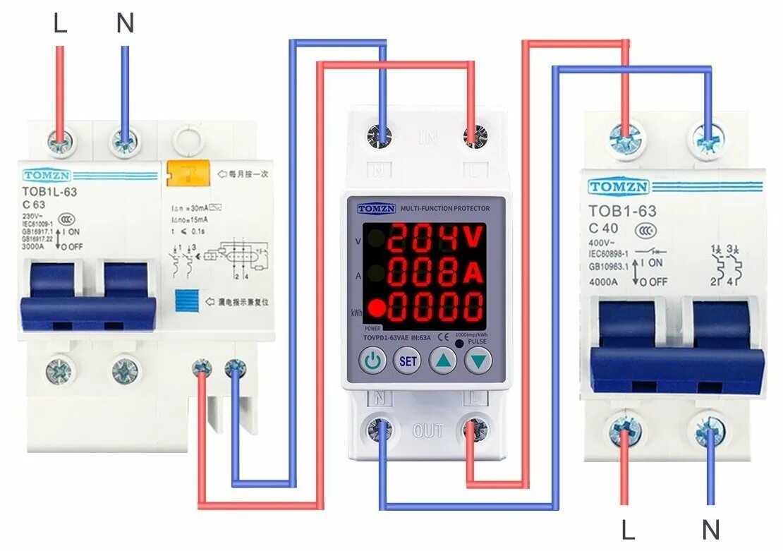 Подключение реле напряжения и тока Реле контроля напряжения TOMZN 230В с измерением мощности и защитой от перегрузк