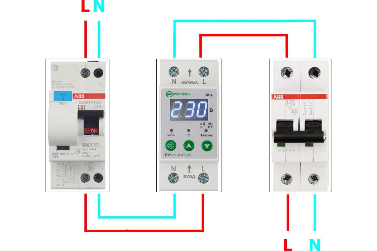 Подключение реле напряжения и тока Реле контроля напряжения РЕЛЕОН 1L, 230В AC, 63А RV111823063 - выгодная цена, от