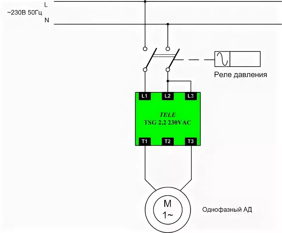 Подключение реле плавного пуска ПОЛИГОН Однофазное УПП TSG 2.2 230VAC для снижения пусковых токов при запуске дв