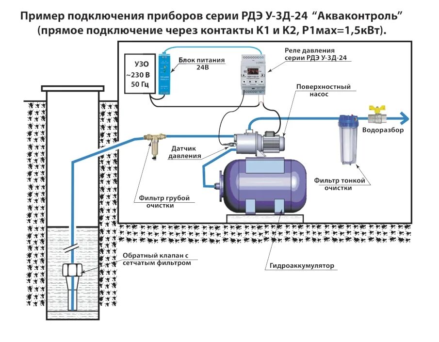 Подключение реле скважины РДЭ У-3Д-24-0-2/3-3 Реле давления воды 24 В с выносным датчиком 4-20 мА для сист