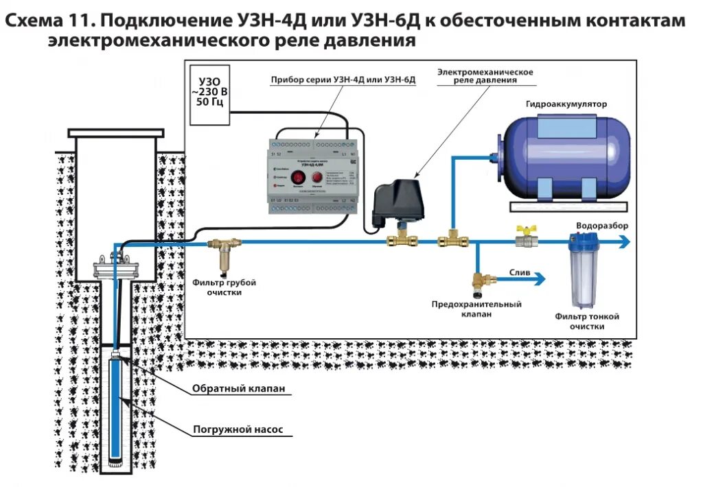 Подключение реле скважины УЗН-4Д-1.5С Устройство защиты скважинного насоса с плавным пуском (6036002430) к