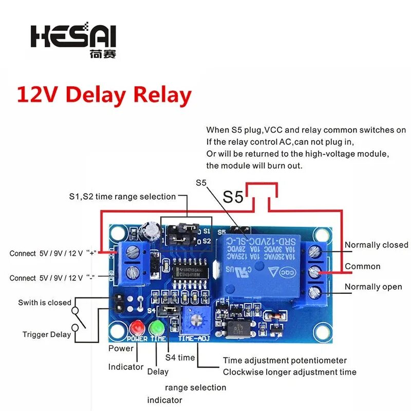 Подключение реле задержки времени Умная электроника, 12 В постоянного тока, Цифровое реле задержки времени, светод