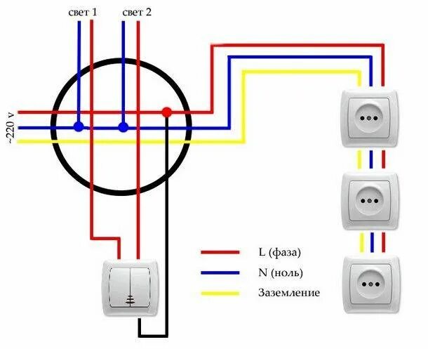 Подключение розеток выключателей светильников Схема электропроводки две розетки два светильника