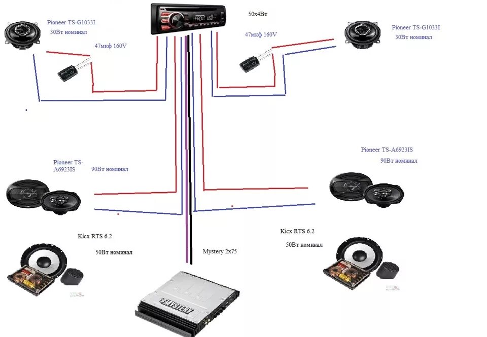 Подключение рупоров к магнитоле Схема всей аппаратуры 01.04.2015 - Volkswagen Passat B3, 1,8 л, 1990 года автозв