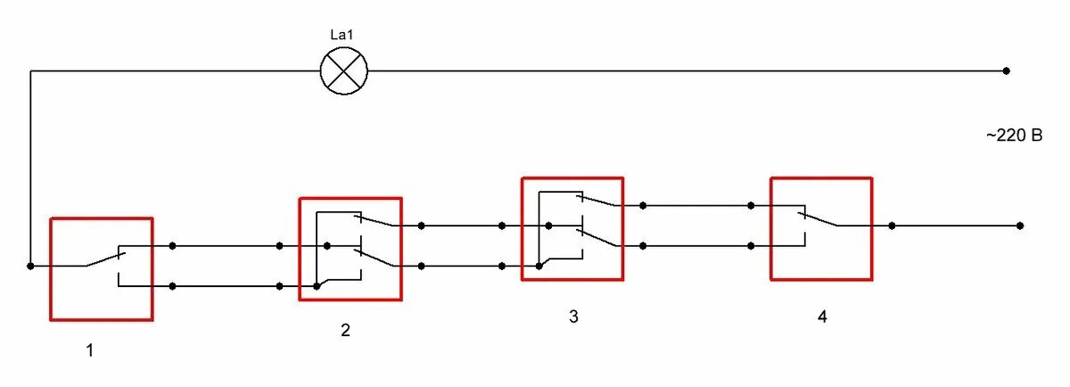 Подключение с 4 мест переключатели Разбираемся, в чем разница между простым, проходным и перекрестным выключателями