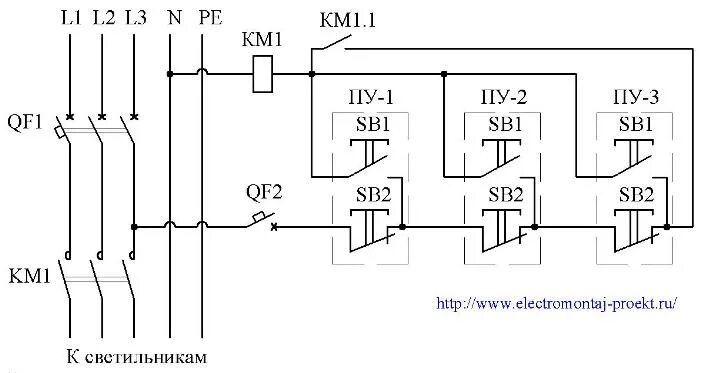 Подключение с двух постов Схема управления освещением с двух мест HeatProf.ru