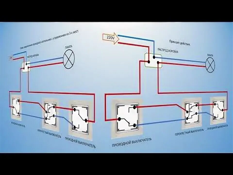 Подключение с трех мест свет Схема подключения проходных выключателей с управлением из 3-х мест. 18+ - YouTub