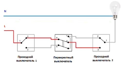 Подключение с трех точек Схема проходного выключателя из трех мест