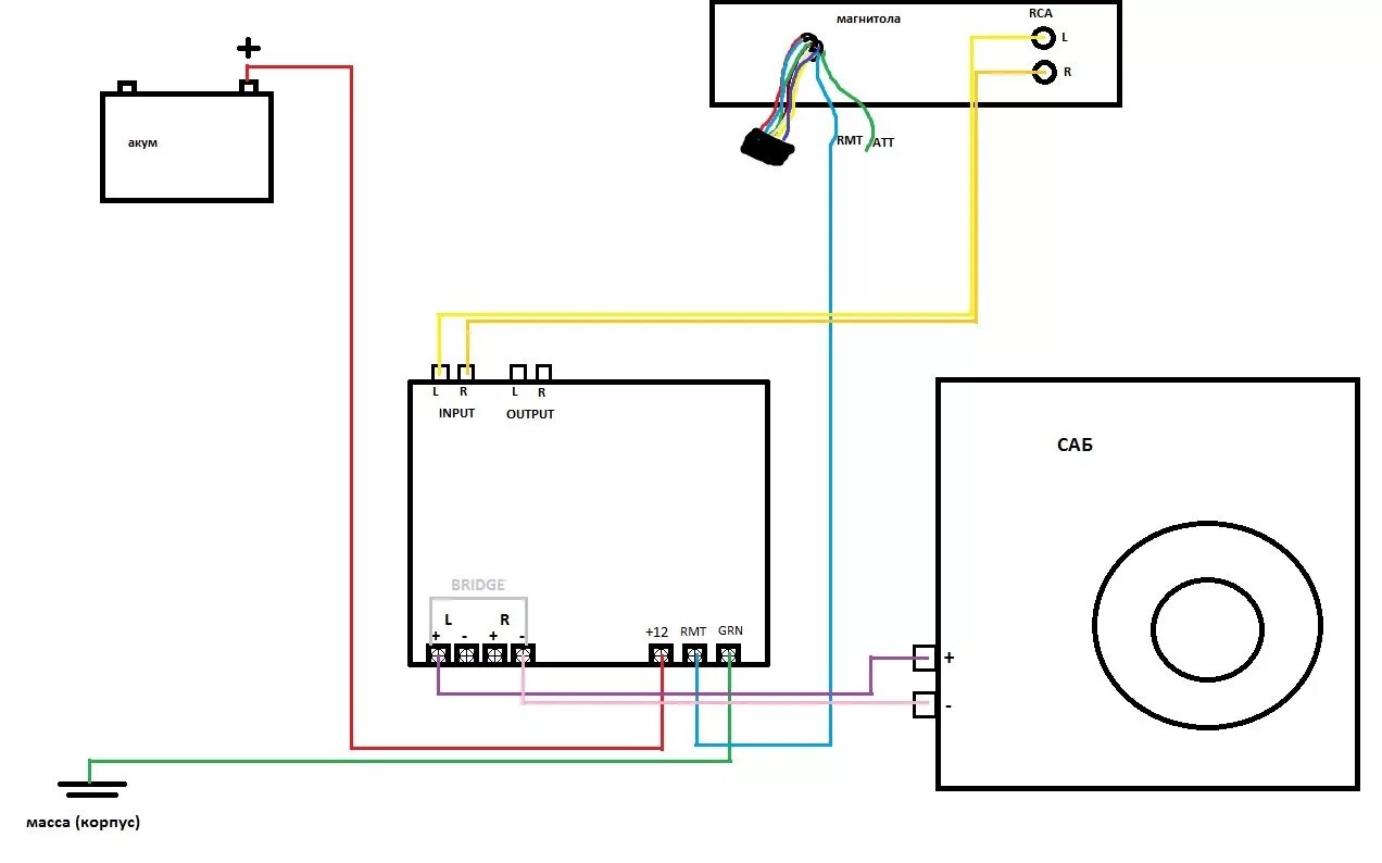 Подключение саба к магнитоле с усилителем схема Отключается усилитель при прибавлении громкости - Lada Приора седан, 1,6 л, 2007