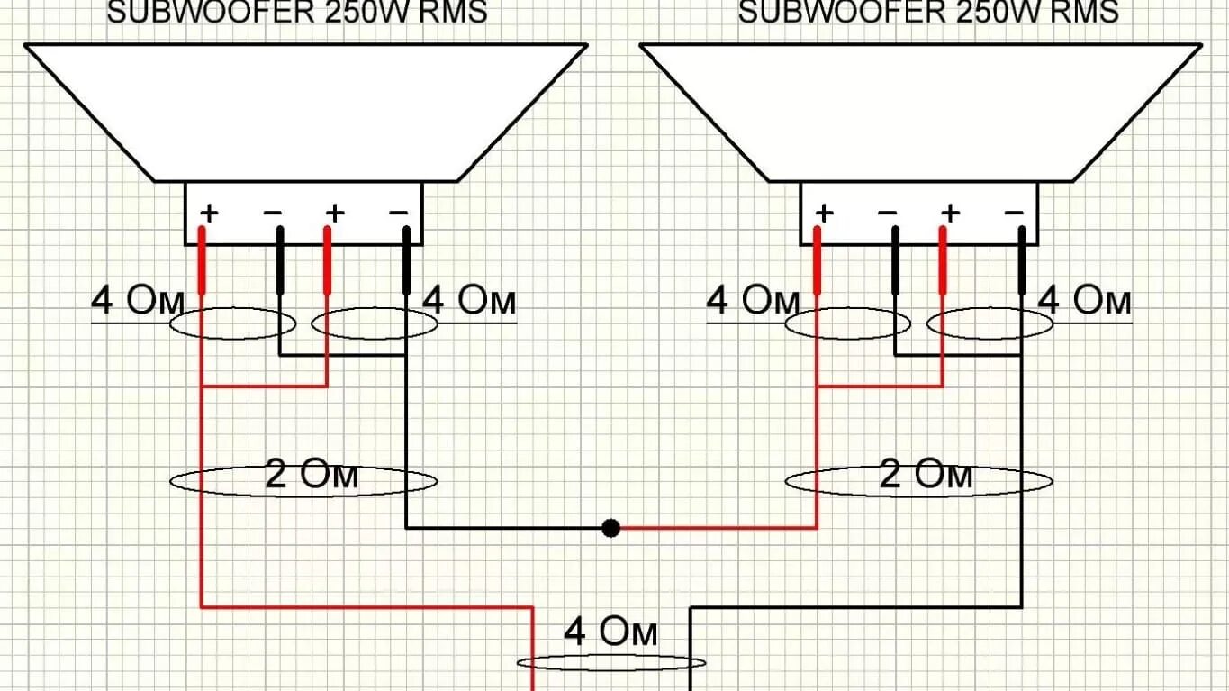 Подключение сабвуфера 4 4 ом схемы Как подключить усилитель в 2 ома