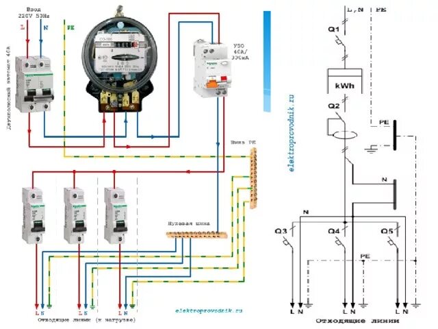 Схема подключения однофазного электросчетчика - YouTube