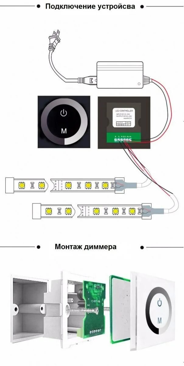 Подключение сенсорного выключателя к светодиодной ленте Диммер для светодиодной ленты: виды, схема подключения