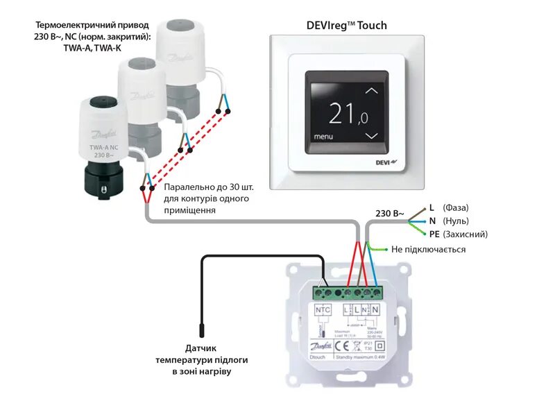 Подключение сервопривода к терморегулятору теплого пола DEVI Многофункциональный терморегулятор DEVIreg Touch черный VseFitingi.in.ua