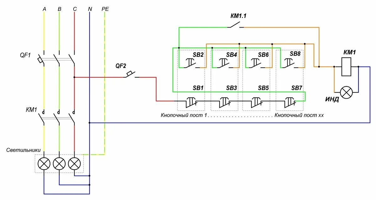 Подключение сетевых кнопок схема Как подключить освещение через контактор и в каких случаях это нужно? Лампа Элек