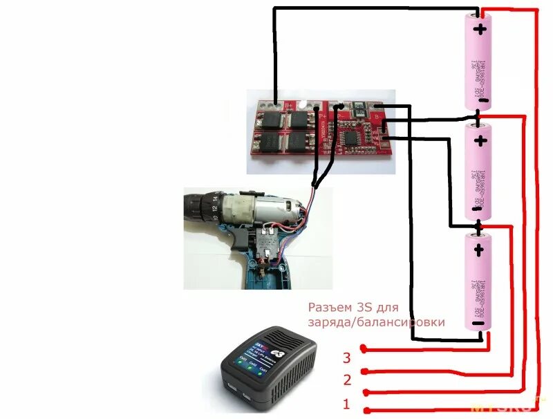 Подключение шуруповерта к зарядному устройству напрямую 3S-4S платы BMS или один из вариантов переделки шуруповерта под литий