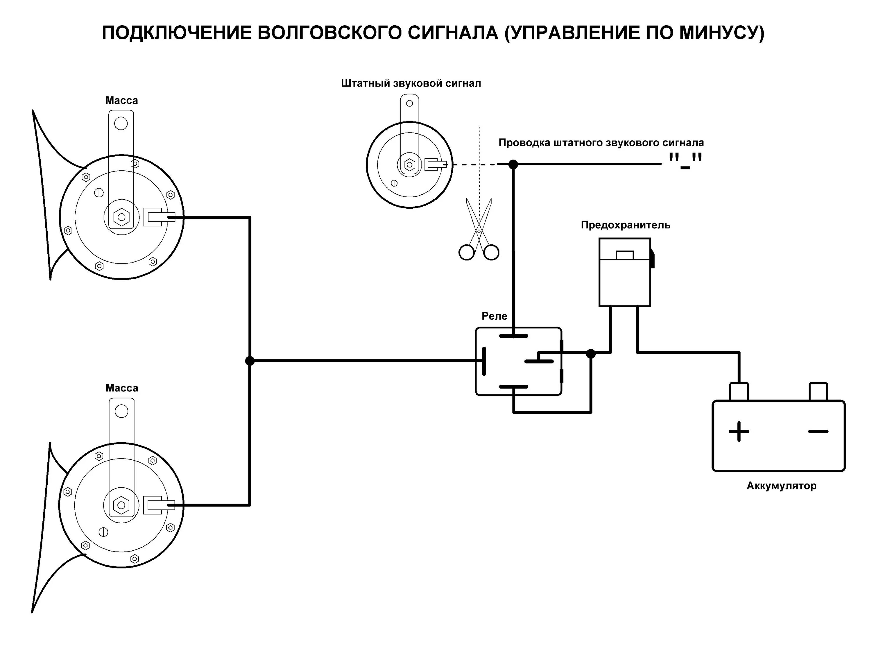 Схема подключения Волговского сигнала через 4-х контактное реле, на автомобили с