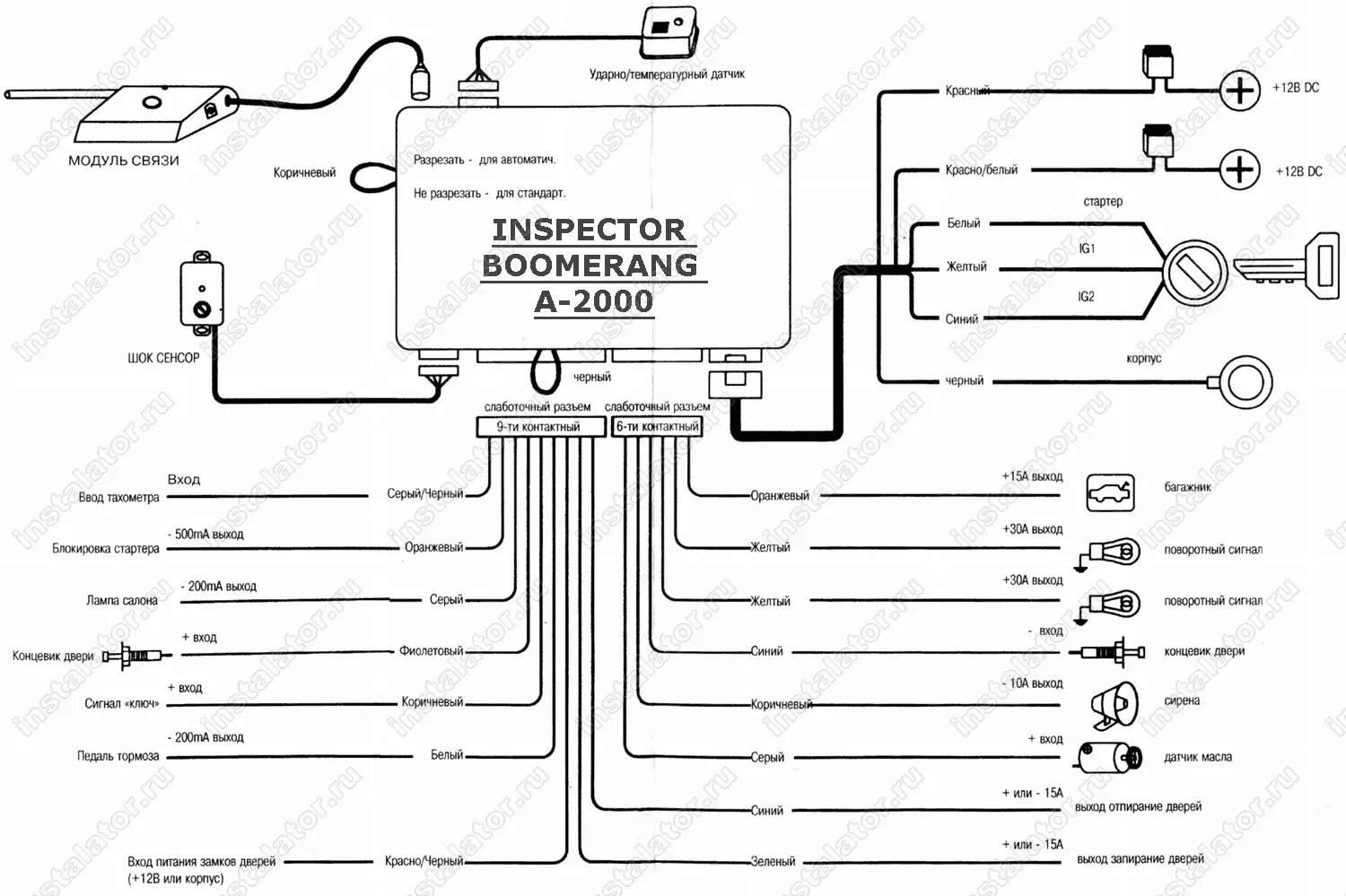 Подключение сигнализации бумеранг Схема подключения сигнализации Inspector Boomerang A-2000