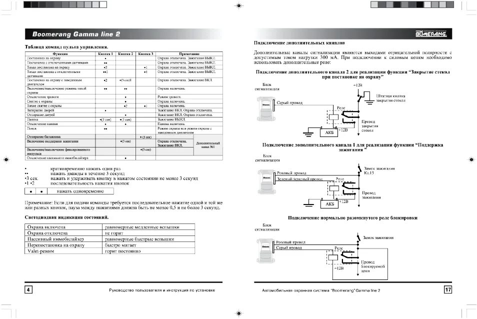 Подключение сигнализации бумеранг Таблица команд пульта управления, Светодиодная индикация состояний, Подключение 