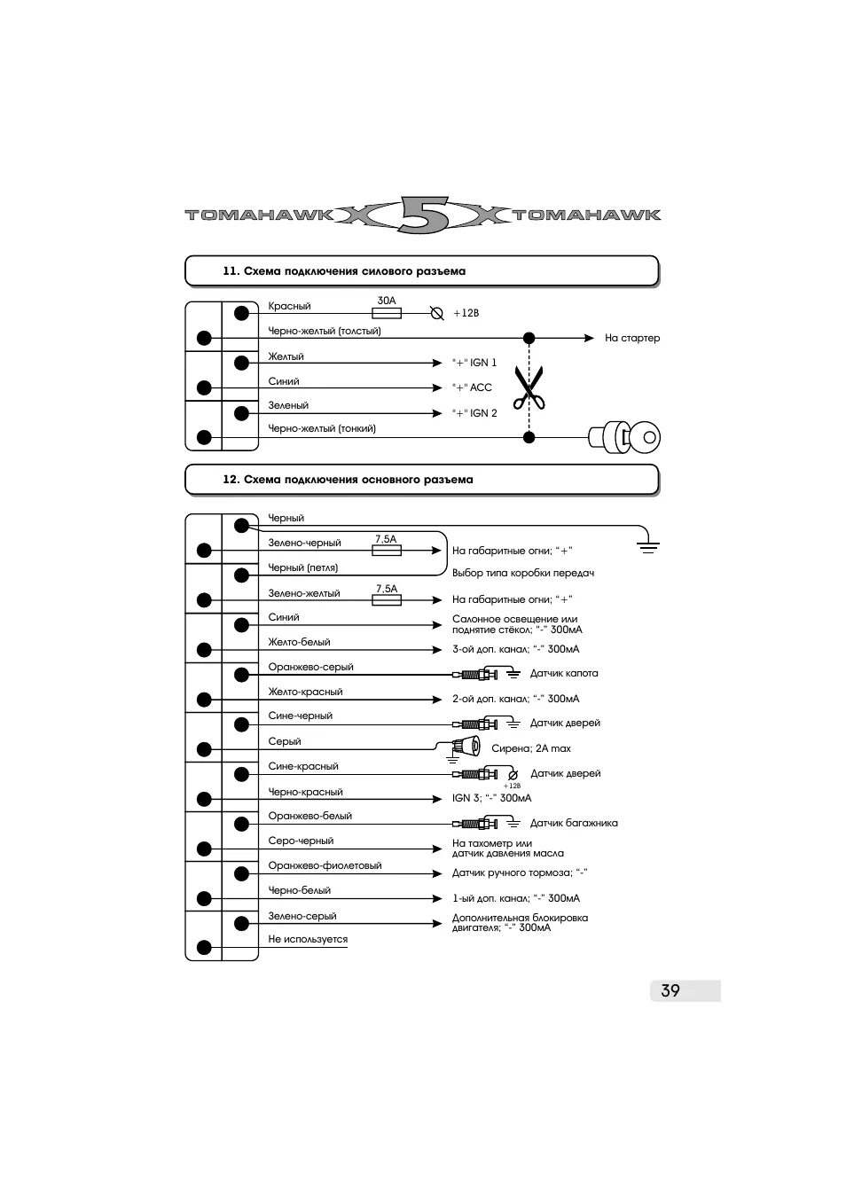 Подключение сигнализации tomahawk x5 Инструкция по эксплуатации Tomahawk X5 Страница 39 / 48