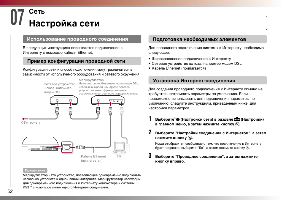 Подключение сони 3 Настройка сети, Сеть Инструкция по эксплуатации Sony PlayStation 3 Страница 52 /